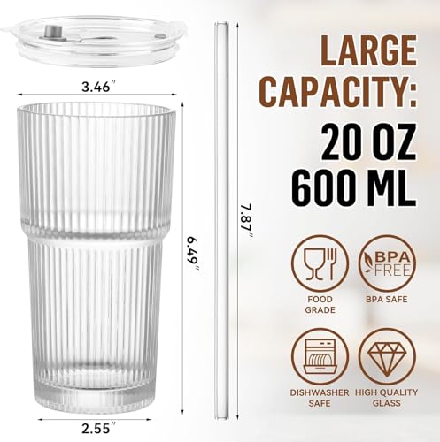 Image of KAMVY Ribbed Glass Tumbler with Lids and Straw Pack of 1, 600ML Aesthetic Coffee Mug Sipper Bottle,Glass Drinking Cup Mason for Iced Green Tea, Juice, Cocktail, Cold & Hot Drinks Travel Mug (Ribbed L)