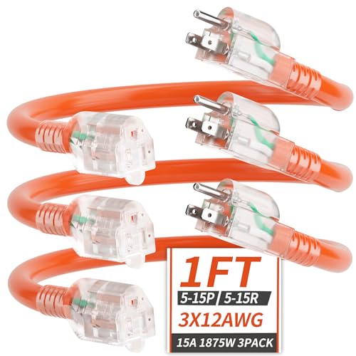 PlugSaf 1FT (3 Pack) 12/3 Gauge Short Outdoor Extension Cord with Lighted Indicator,3 Prong Heavy...