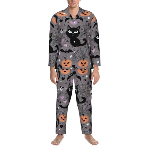 Mens Long Sleeves Pajama Set Black Funny Cat Halloween Pattern Cozy Two-Piece Loungewear For Nighttime Comfort,Casual Wear4