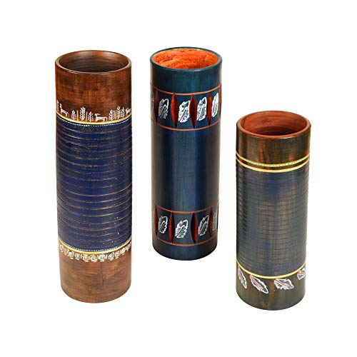 Image of Aakriti Art Creations Autumn Leaf Blue Earthen Vase Set of 3 | Tubular Shape Terracotta Flower Vases | Matte Finish Floral Art Decorative Vases for Living Room, Floor Decor & Gifting