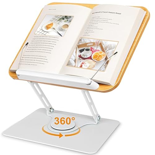 Atril para Libros – Atril Madera Atril Estudio Rotación de 360° con Base de Aluminio y Brazo Ajustable, Atril Lectura Soporte Libros para Leer y Recetas