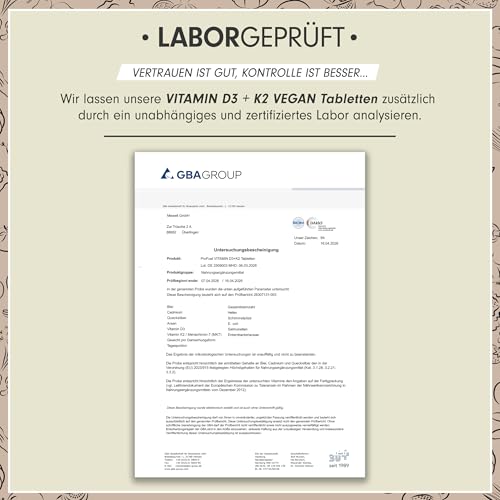 Vitamin D3 K2 VEGAN - 120 Tabletten mit 5000 IE D3 + 200 mcg K2 (MK7) - Vitamin D3 optimal hochdosiert und vegan - reicht für 19 Monate - laborgeprüft mit Zertifikat 5