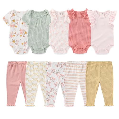 Image of Kiddiezoom Newborn Baby Layette Set 10-Piece with Bodysuits and Pants Set for Unisex Baby Gift Sets