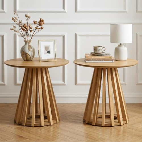 Image of Natural Round Fluted Small End Table Set of 2, 19.7 inch Side Table Nightstand