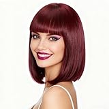 Svolna Burgundy Short Bob Wig with Bangs, Synthetic Straight Hair Wigs for Women, Wine Red 14 Inch Cosplay Costume Bob Wig (Burgundy)