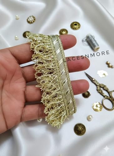 Image of Golden Kiran Fringe lace for Dupatta Wedding Bridal Dresses jhalar Trim, Fancy Kiran Lace for Fabric Dresses Decorating, khichdi jhalar Border Lace (Olive Water Golden)
