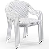 Pemberly Row Outdoor All Weather Wicker Resin Patio Stackable Chair in White (Set of 4)