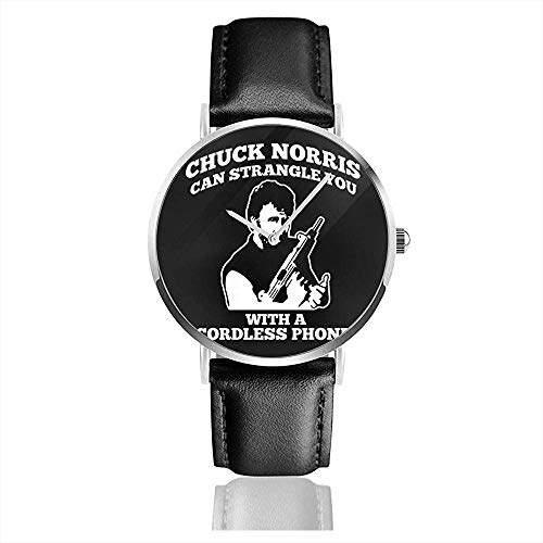 Unisex Business Casual Chuck Norris erwürgen Sie mit einem schnurlosen Telefon Uhren Quarz Leder Uhr