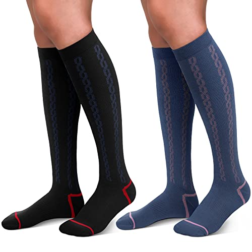 30-40mmHg Medical Graduated Compression Socks for Women&Men Circulation-Compression Stockings Knee High Socks for Support,Hiking,Running(2 Pack Strip Black Navy,L-XL)