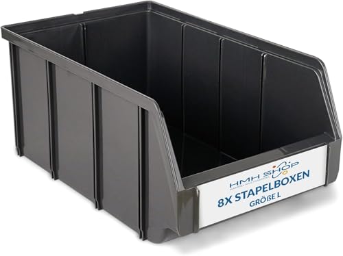 HMH 8x Stapelboxen Größe L Werkstatt Garage Keller Sichtlagerboxen 335x209x152mm Lagerboxen ANTHRAZIT Sichtlagerkästen Kleinteile Aufbewahrung