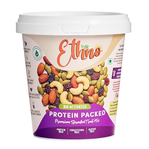 Image of Ethno Protein Packed Bio-Activated Trail Mix (7-Pack) - Roasted Almonds, Cashews, Raisins, Pumpkin Seeds - Sprouted Nuts & Seeds + Mixed Dry Fruits Combo Pack - No Added Sugar, Oil-Free, Healthy Snack