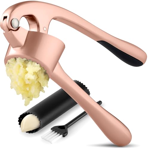 Image of Zulay Kitchen Large Premium Garlic Press Set - Bigger Bowl for Bigger Garlic - Rust Proof Garlic Mincer Tool - Easy-Squeeze, Easy-Clean Silicone Garlic Peeler & Brush (Rose Gold)