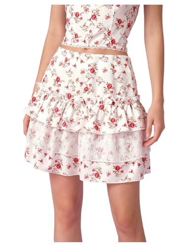 MakeMeChic Women's Floral Print Lace Trim Skirt Tiered Ruffle Hem Short Skirts