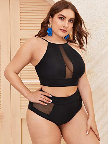 Romwe Women's Plus Size 2 Piece Bikini Swimsuit Mesh Front High Waist Bathing Suit Black 1Xl #TOP3