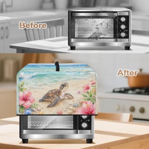 Image of Microwave Oven Cover, Air Fryer Toaster Oven Dust Cover Protective Dust-Proof Countertop Appliance Protector, S, 18.25 x 14.5 x 11 Inches, Beach Sea Turtle Hibiscus Flower