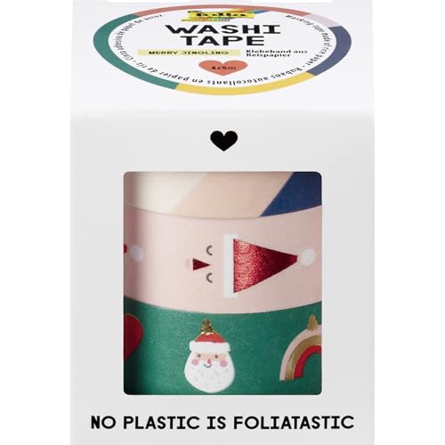 folia 26458 - Washi Tape MERRY JINGLING 4 x 5 m Klebeband aus Reispapier Hotfoil in 4 weihnachtlichen Designs zum Basteln Verzieren und Dekorieren