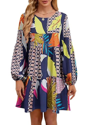 Image of QACOHU Falll Dresses for Women 2026 Crew Neck Long Lantern Sleeve Casual Loose Flowy Swing Shift Dress
