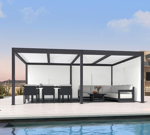 PURPLE LEAF 14' x 20' Louvered Pergola with Side Shades Outdoor Aluminum Pergola with Hidden Drainage System Patio Hardtop Large Pergolas for Deck Porch Garden, 1 Long Side and 1 Short Side