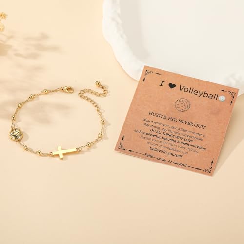 Image of Softball /Volleyball /Soccer /Basketball Football Bracelet for Girls Women, 14K Gold Plated Cross Link Chain Sport Accessories Christian Jewelry Gifts for Teens Team Coach Players