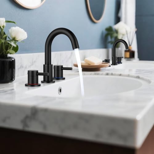 FGKQ Black Bathroom Faucet for Sink 3 Hole, Bathroom Sink Faucet with Pop Up Drain, 8 Inch Widespread Vanity Faucet 3 Hole, 360° Swivel Two Handle with Supply Lines
