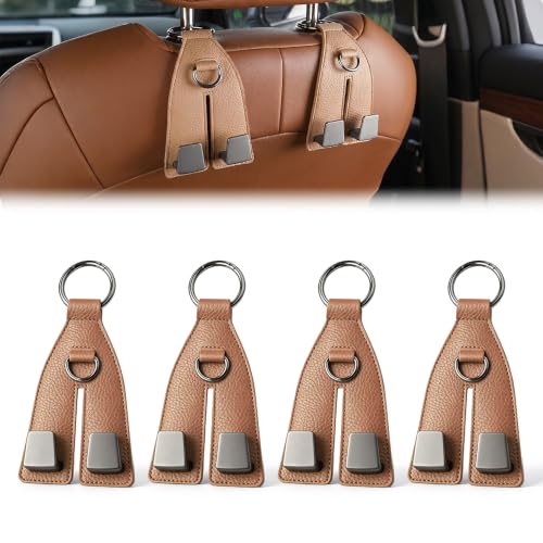 Image of Premium Leather Wrapped Design (Brown, 4pcs) | Double Hook Storage | Space Saving Car Organizer | Easy Headrest Installation