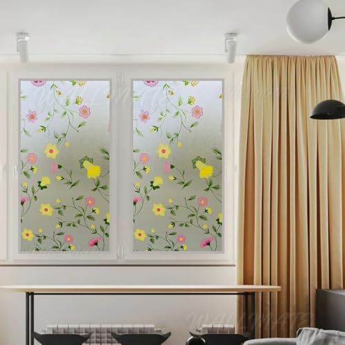 Image of WALLMATE Frosted Glass Window Film, Privacy Film for Glass Windows, Heat Blocking,Decorative Removable Indoor Frosting Clings for Bathroom (Bell Flower, 16X72)
