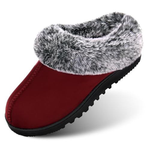 LORDFON Womens Slippers with Memory Foam,Winter House Slippers for Women with Warm Faux Fur Collar,Cozy Slip-on Bedroom Indoor Shoes