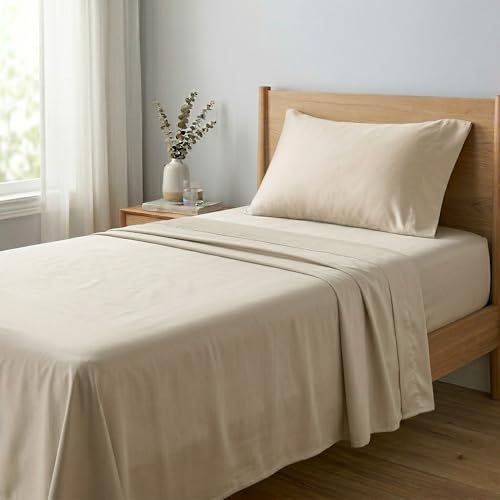 Image of Beckham Hotel Collection 100% Cotton Twin XL Sheet Set, 3-Piece, Sand | 500 Thread Count, Silky Soft Weave, Breathable, Anti-Pilling, 16-Inch Pocket, All-Around Elastic, Gets Softer with Every Wash