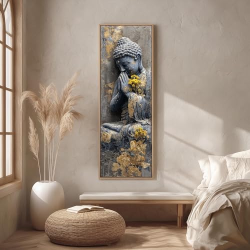 Cuadro mural de Buda rezando, pintura vertical estilo zen sobre lienzo, lámina alta y estrecha con detalles en pan de oro, pósteres de estatuas de piedra para meditación (35 x 105 cm/marco interior).