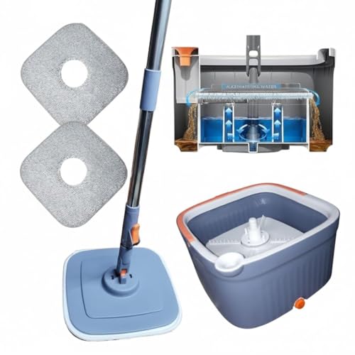 Image of R Runilex 360 Rotating Square Bucket Mop with Adjustable Handle Reusable Microfiber Pads for Wet & Dry Glass, Wall, Tile and Home Floor Cleaning - Grey and Orange