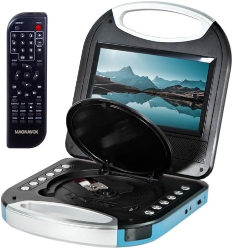 Close-up view of the Magnavox portable DVD player, showing the screen and control buttons.