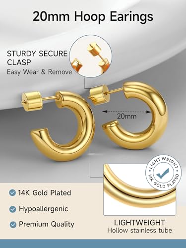 Image of Stainless Steel Chunky Hoop Earrings For Women, Minimalist and Chic, Black /Gold Plated, Round Hoops Earrings Hypoallergenic, Size: 30mm /40mm /60mm /80mm, Come with Box