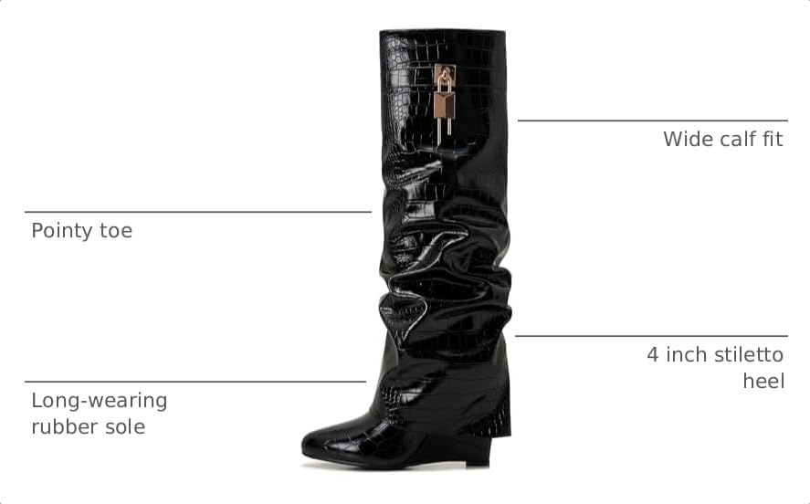 Image of Fold Over Boots for Women Pointy Pull-on Wedge Heel Knee Shark Boot With Side Zipper Padlock Design