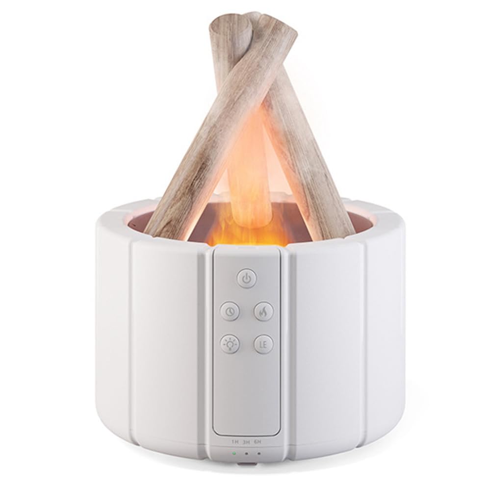 Duontyye Simulated Flame Diffuser Bonfire Air Humidifier Ultrasonic Cool Mist Maker Fogger LED Essential Oil Lamp Difusor Easy to Use,White