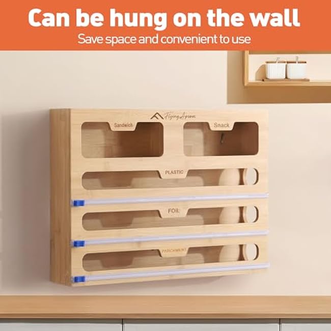 APSARAS USA 5 in 1 Bamboo Foil and Plastic Wrap Organizer for Kitchen Drawer, Ziplock Bag Organizer, Saran Wrap Dispenser with Cutter, Plastic Bag Organizer, Food Storage Bag Organization