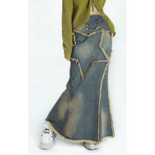 Women's Star Patch Flared Jeans Frayed Distressed Retro Style Loose Fit Maxi Skirts High Waist Denim Skirts Y2K4
