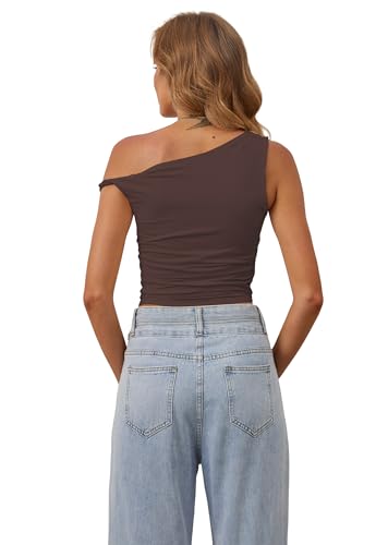 MISSACTIVER Women’s Off Shoulder Ruched Crop Tank Tops One Shoulder Twist Strap Crop Tops Summer Going Out Top Crop Shirts3