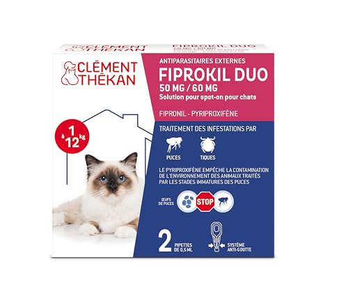 Fiprokil Duo Chats Clément Thékan- Anti-Puces/Tiques - Élimine parasites/œufs - Protège Jusqu’à 5 semaines l’Animal et 12 semaines l’environnements -...