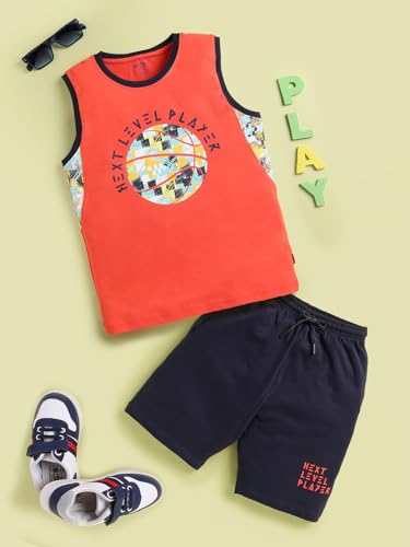 Image of Bumchums Boys Sleeveless Round Neck T-Shirt and Pant Set for Boys, Casual Clothing Set, Trendy and Cute, Graphic