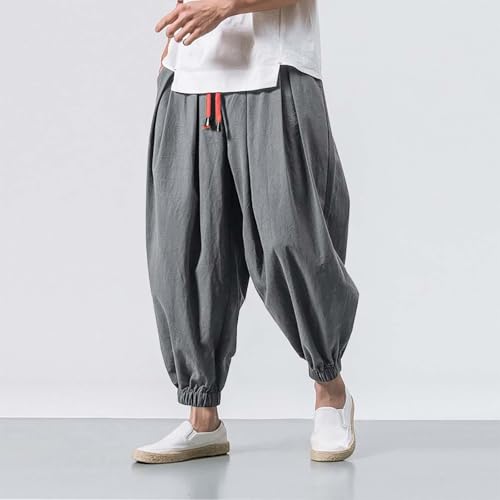 Pantalon en lin pour homme sarouel baggy d'été léger gris taille grande 5XL - 3