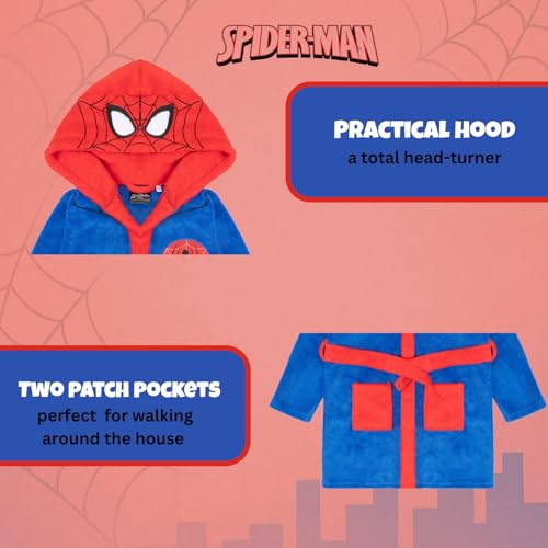 Spiderman Bademantel Kinder Jungen Fleece, Spidermann Morgenmantel Kinder mit Kapuze (DE/NL/SE/PL, Numerisch, 140, Regular, Blau-Rot)