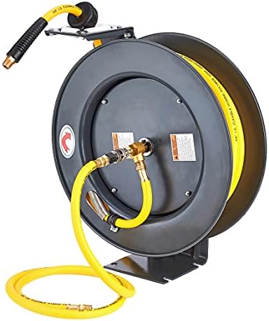 AmazonCommercial Retractable Air Hose Reel, Heavy-Duty Steel, 9.5 mm x 15 m Hybrid Polymer Hose, Max. 20 BAR - Grey, Yellow, Black