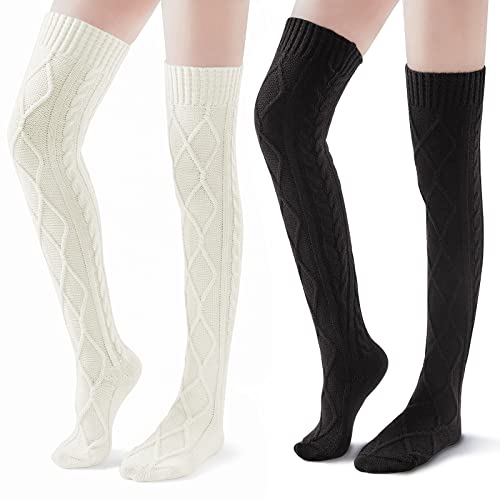 Pcavin Thigh High Socks for Women Cable Knit Over the Knee Boot Socks, Long Warm Leg Warmers Winter(Whit&Black)3