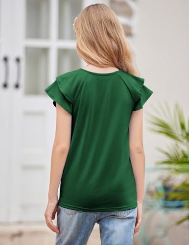 Image of Girls T Shirts Ruffle Short Sleeve Round Neck Loose Blouse Summer Solid Color Casual Girl Tee Tops for 3-12 Years