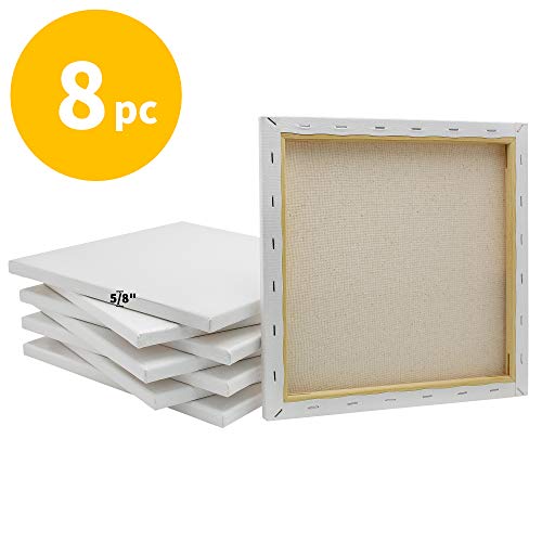 Image of FIXSMITH Stretched White Blank Canvas- 12x12 Inch,Bulk Pack of 8,Primed,100% Cotton,5 /8 Inch Profile of Super Value Pack for Acrylics,Oils & Other Painting Media