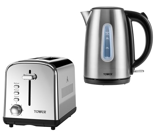 tower Infinity Brushed Steel 1.7L 3KW Jug Kettle & 2 Slice Toaster. Matching Stainless Steel Kettle & Toaster Set