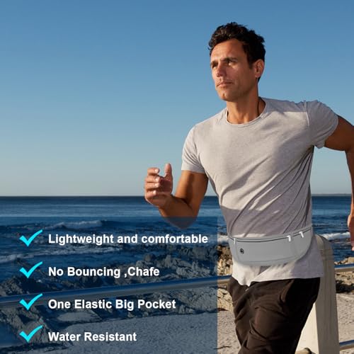 Image of Slim Running Belt for Women Men, Runners Fanny Pack Phone Holder, Money Belt, Running Gear Accessories, with 3 Pockets, Light Gray