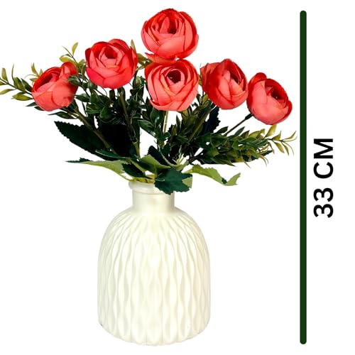 Image of Dekorly Faux Silk, Plastic Artificial Peony Flowers Bunch | White Vase with Flowers Bunch | Artificial Plants for Home Office Hotel Decor | Bedroom Living Room Bathroom Decor (Peach, Height : 30CM)