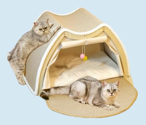 LumingLight 猫 ベッド 猫 爪とぎ 四季通用 半密閉型 通気性 大容量 クッション付き 猫 爪研ぎ 無垢材フレーム 頑丈 耐久性 圧力緩和 組み立て簡単 猫 ハウス ペットテント 小型犬・多猫家庭向け 大きいサイズ (MZP007(78*50*
