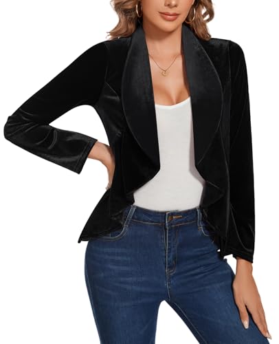 MINTLIMIT Velvet Coat for Women Casual Formal Draped Lapel Open Front Jacket Suits Long Sleeve Blazer with Ruffle Hem Outerwear,Black,L3